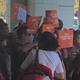 Opponents of the Embacardero homeless navigation center protest its construction in San Francisco.